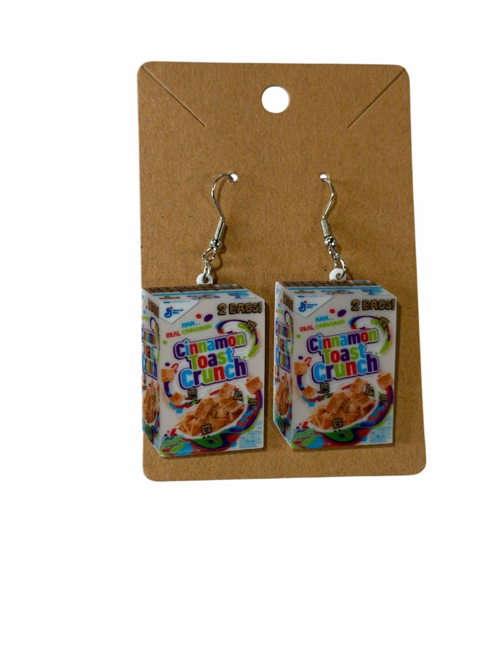 Novelty Cinnamon Toast Crunch Cereal Box Dangle Earrings - White